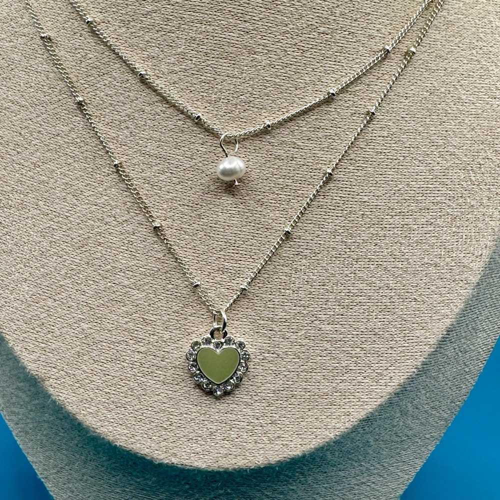 Silver Tone 2 Strand Pearl and Heart Pendant